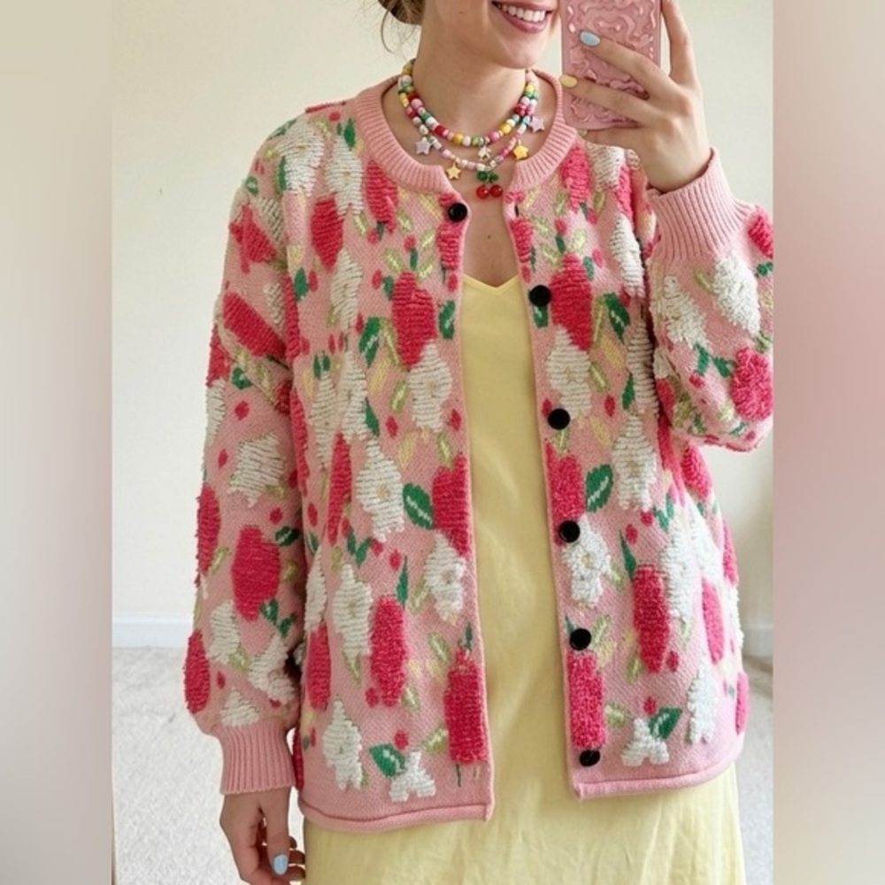 FRECKLE LOS ANGELES Pink Floral Tufted Knit Popcorn Cardigan